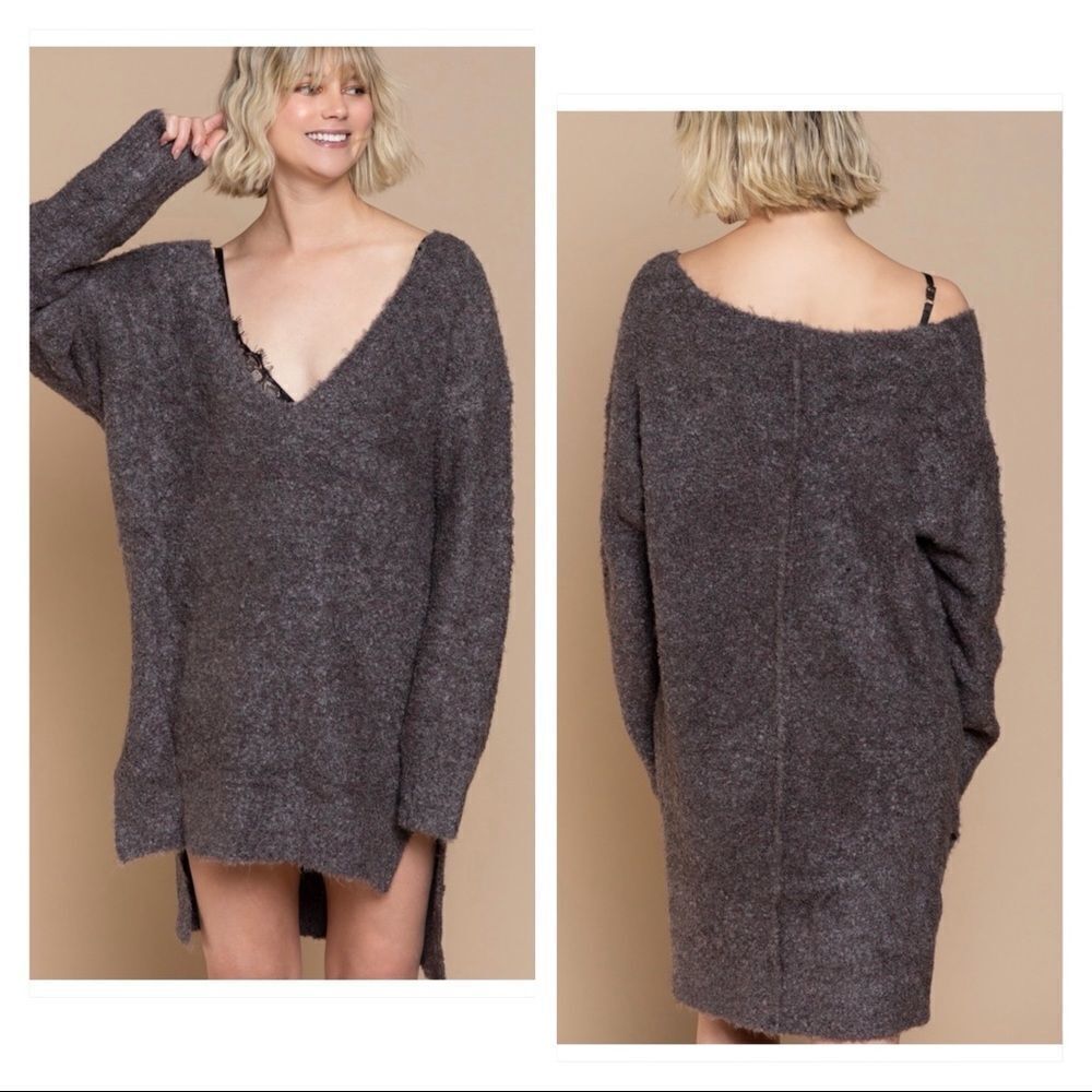 WOOL Blend V-Neck  relaxed Fit High Low Sweater in Violet Wood